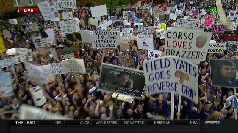 Illustration for article titled Lee Corso Does Butt Chugs: Today's James Madison College GameDay Sign Roundup